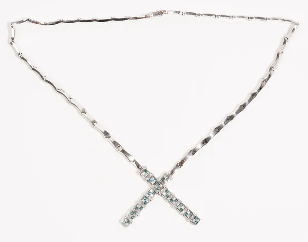 A white gold, treated blue diamond and diamond pendant necklace, the front formed as two rows of four stone clusters, with baguette diamonds mounted a