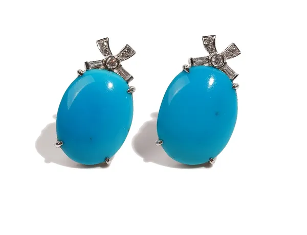 A pair of 18ct white gold, diamond and  turquoise-set earclips  The tops of cross design, set with circular and  baguette-cut diamonds, above claw-set