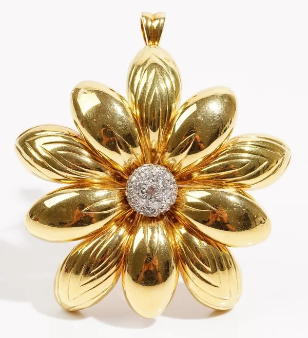 A yellow precious metal and diamond-set  pendant brooch of flowerhead design  Set with circular-cut diamonds to the centre and  textured petals, 6cm d