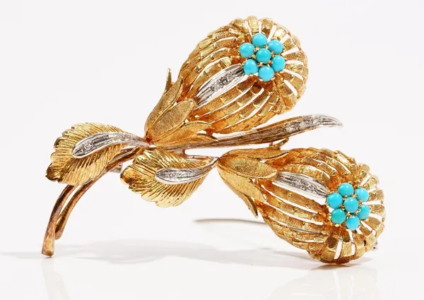 An 18ct gold turquoise and diamond-set  brooch  Of flower spray design, claw-set with turquoise  cabochons in clusters and diamonds to the petals, the