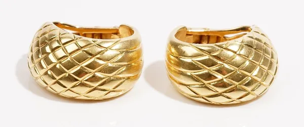 A pair of 18ct gold earclips  Of textured lattice half-hoop design, weight 20.3gms