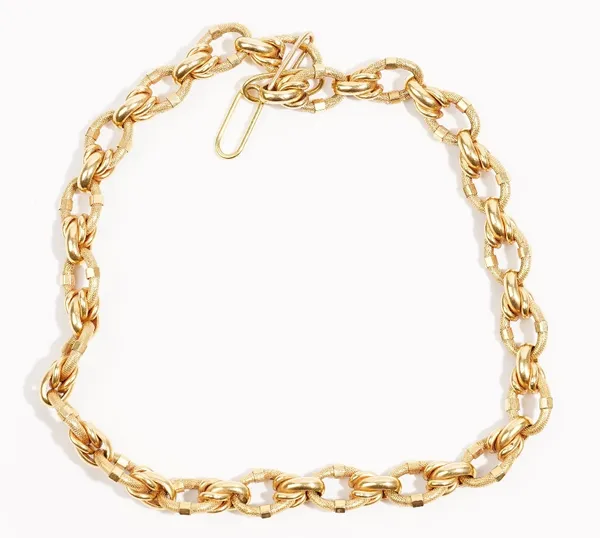 An 18ct gold fancy-link necklace  Designed with alternating textured oval and knotwork  links, to an ornate bolt ring clasp, detailed 166IV and  recta