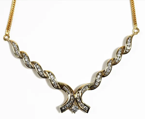 A gold and diamond necklace, the front in a ribbon twist design, mounted with circular cut diamonds and with the principal diamond mounted at the fron