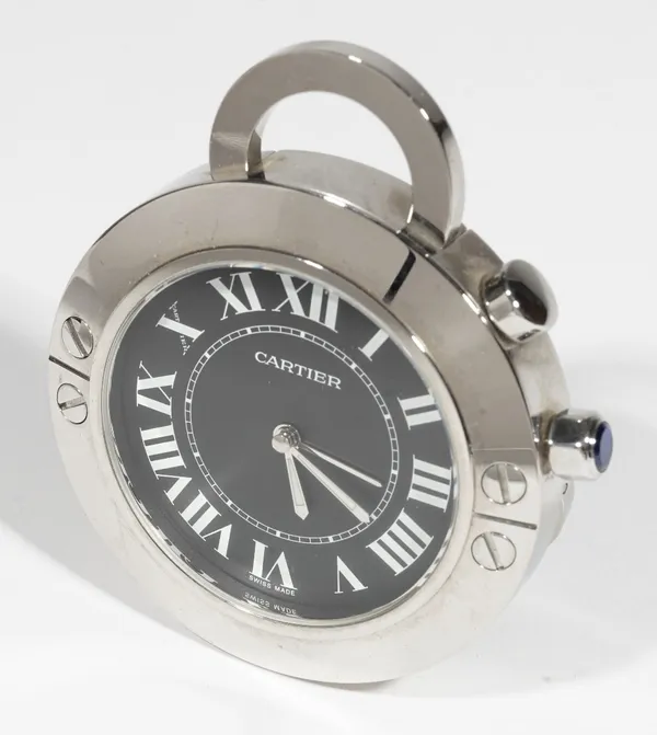 Cartier: a stainless steel Pasha travel alarm clock, model number 2754, the black dial with Roman numerals, case numbered 522625GD, to quartz movement