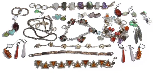 A silver and reconstituted amber bracelet, in a triangular link design and further silver and other jewellery, comprising; nine bracelets and twelve p