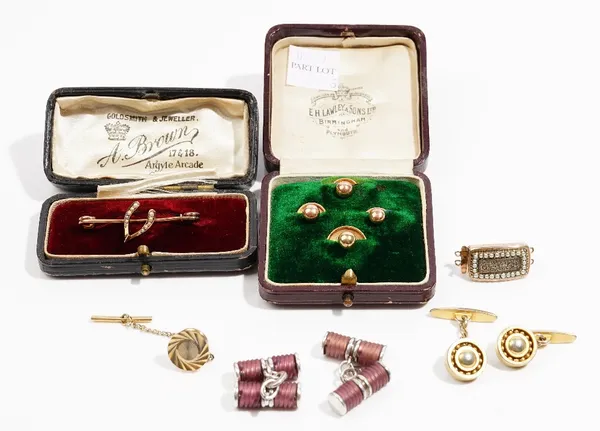 A pair of Links London silver cufflinks, another pair of cufflinks, a gold and seed pearl set bar brooch, with a wishbone motif, four 9ct gold studs,