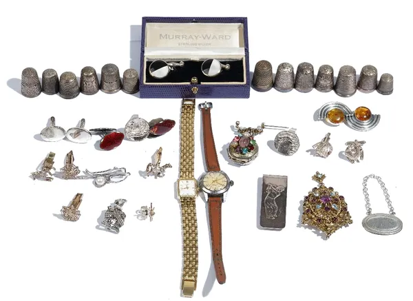 A group of silver and other jewellery, comprising; seven pairs of cufflinks, a tie slide mounted with a cultured pearl, a tie stud, four brooches, two