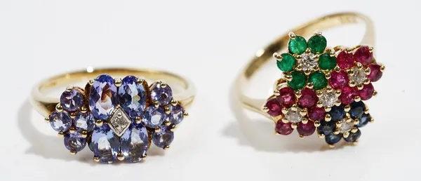 A 9ct gold, tanzanite and diamond cluster ring, ring size N and a half and a gold, diamond, ruby, sapphire and emerald ring, in a multiple cluster des