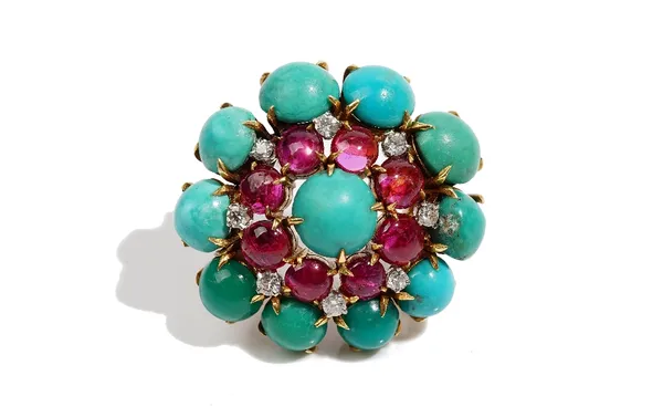 A gold, diamond, cabochon ruby and turquoise set shaped circular brooch, mounted with eight circular cut diamonds and with eight cabochon rubies, gros