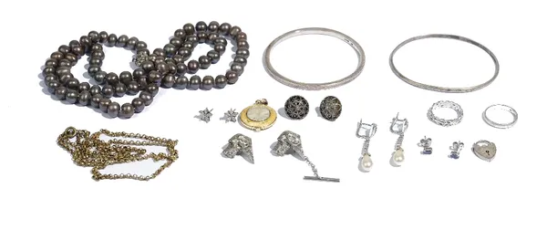 A single row necklace of grey tinted freshwater cultured pearls, a talis pendant watch, a gilt metal neckchain and mostly silver jewellery, comprising