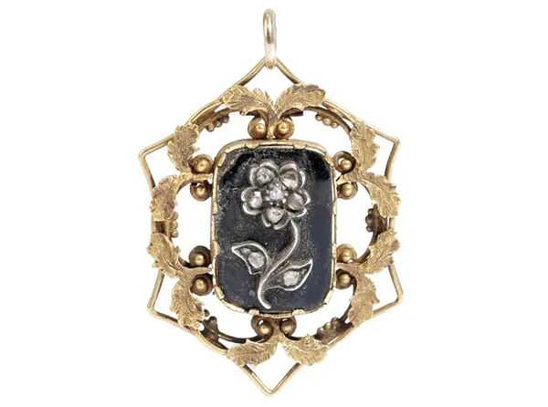 A Victorian rose diamond set and black enamelled mourning pendant, as converted from a mourning brooch, glazed with a locket compartment to the back.