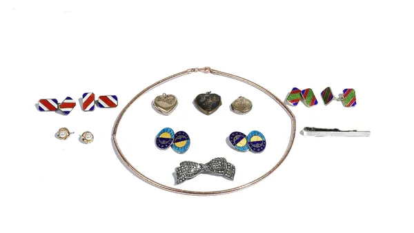 Three pairs of silver gilt and enamelled cufflinks, a silver tie slide, two heart shaped pendant lockets, a circular pendant locket, a silver and marc