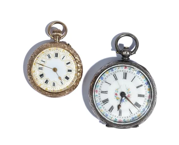 A gold cased, keyless wind, openfaced lady's fob watch, with an unsigned gilt cylinder movement, gilt metal inner case, the enamelled dial with Roman