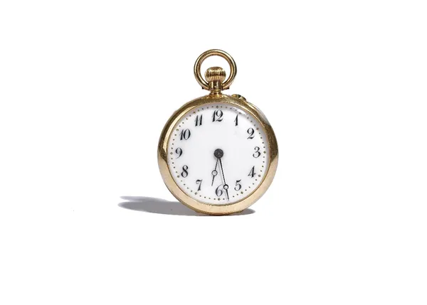 A gold cased, keyless wind, openfaced lady's fob watch, with an unsigned gilt jewelled lever movement, the enamelled dial with black Arabic numerals,