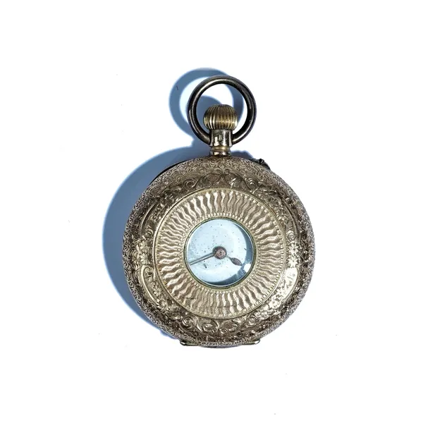 A gold cased, keyless wind, half hunting cased lady's fob watch, with an unsigned gilt cylinder movement, gilt metal inner case, the enamelled dial wi