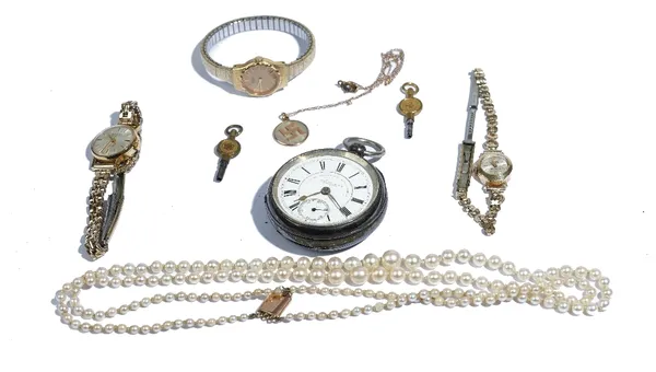 A silver cased, key wind, openfaced gentleman's pocket watch, Birmingham 1889, two watch keys, three lady's bracelet watches, comprising; a 9ct gold c