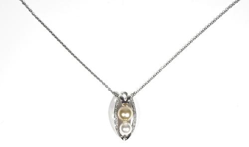 An 18ct white gold, cultured pearl and diamond-set pendant necklace, the openwork pendant set with two graduated varicoloured cultured pearls, within