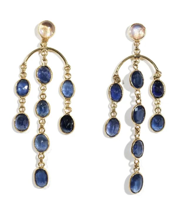 A pair of precious yellow metal, moonstone and sapphire-set pendant earrings, of chandelier design, 3.4gms.