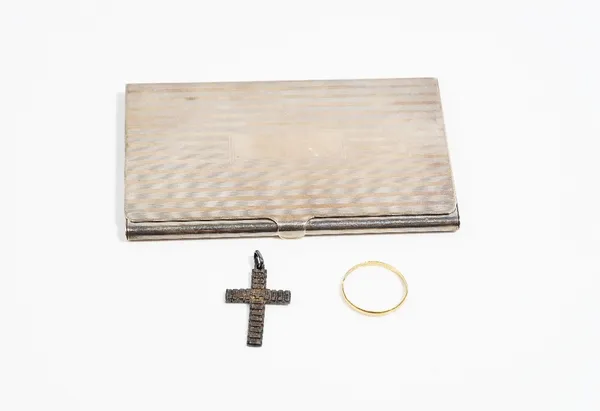 A 22ct gold wedding ring, weight 0.7 gms, a pendant cross and a Tiffany & Co silver rectangular visiting card case, having banded decoration, London 2