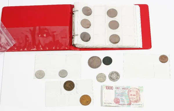 A collection of foreign and British coins, including: a Charles III Mexico City mint, 8 reales, 1778, a Swiss 5 francs, 1931 B, a Swiss 5 francs, 1966