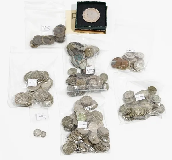 A collection of British pre-decimal coins, including pre-1920 and pre-1947 issues, a Victoria Maundy fourpence 1858 and twopence 1858, a 1951 crown, w