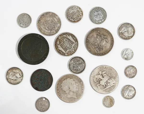 British pre-Victorian coinage comprising; George III; three crowns, a half crown, two shillings, two sixpences, a threepence, a cartwheel twopence 179