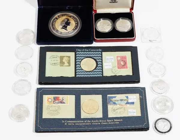 An Australia silver proof ten ounce ten dollars kookaburra 1995, with a certificate and case, two Belize five dollars, commemorating The 50th Annivers