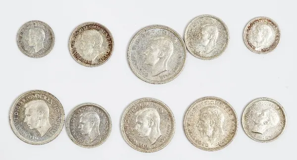 Ten Maundy coins, comprising; a fourpence 1941, three treepences 1935, 1943 and 1945, four twopences 1935, 1941, 1943 and 1946 and two pennies 1935 an