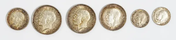 A George V four coin Maundy set 1927 and two further 1927 Maundy coins, comprising; a fourpence and a penny, (6).