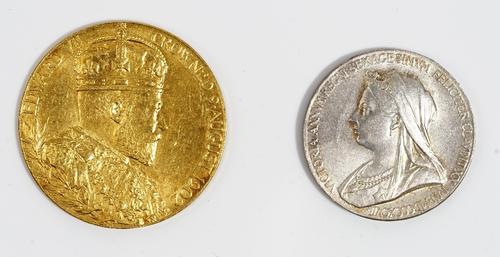 A gold medallion, commemorating The Coronation of Edward VII and Queen Alexandra, 9th August 1902, a silver medallion commemorating The Diamond Jubile