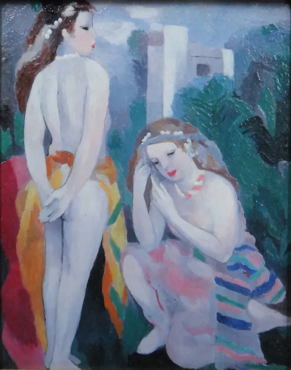 After Marie Laurencin, Jeunes Filles, an over painted print, inscribed on reverse, 24cm x 19cm.AFTERSALE