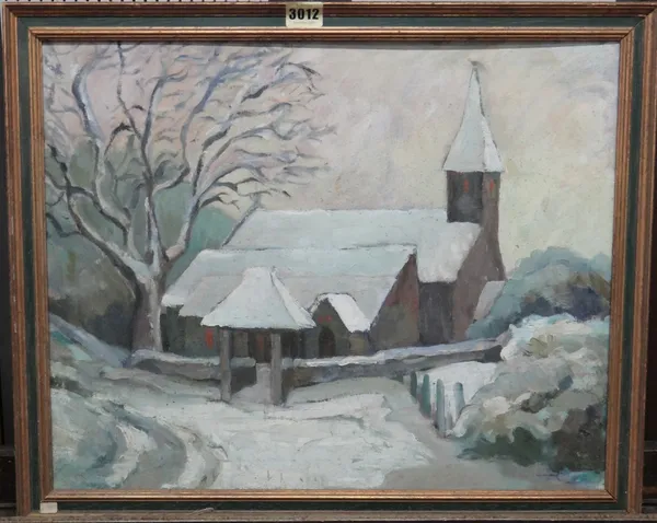 British School (20th century), Church in snow, oil on board, 39cm x 49cm.