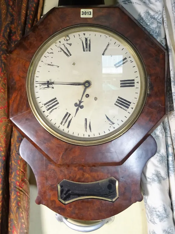 A late 19th century walnut cased drop dial wall clock, with 11 inch dial and glazed pendulum aperture, pendulum, 58cm high.