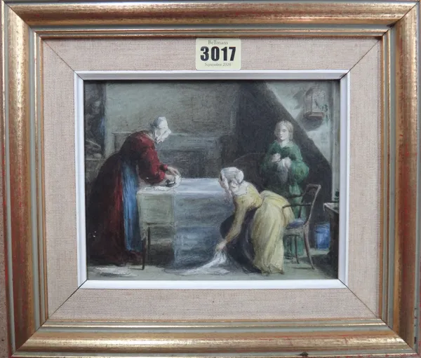 J. E. Scott (Exh. 1863-1867), Three women at a table ironing, watercolour, bears inscription on reverse, 14cm x 17.5cm.; together with a further water