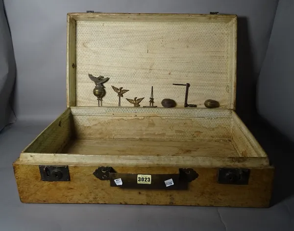 An early 20th century Chinese leather bound trunk, 70cm wide x 33cm high, and another smaller, 62cm wide x 19cm high, (2).