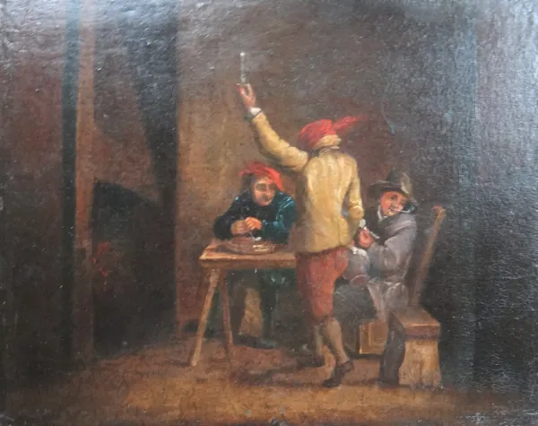 Manner of David Teniers, Figures in a tavern, oil on panel, unframed, 20cm x 24.5cm.