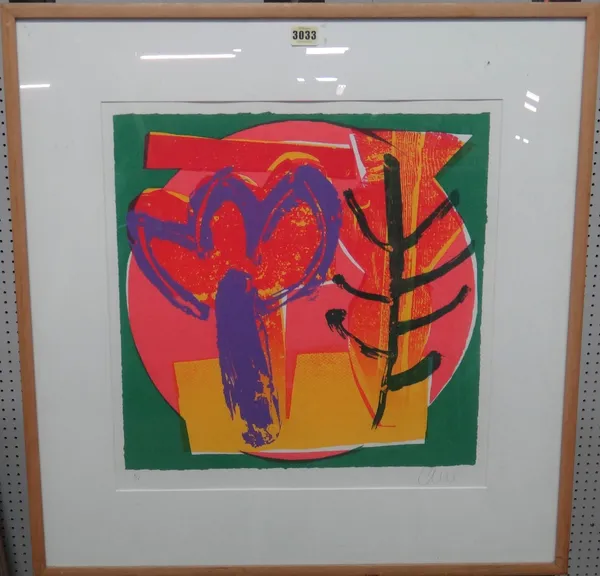 British School (late 20th century), Untitled, colour lithograph, indistinctly signed and inscribed A/P, 44cm x 44cm.; together with a mixed media work