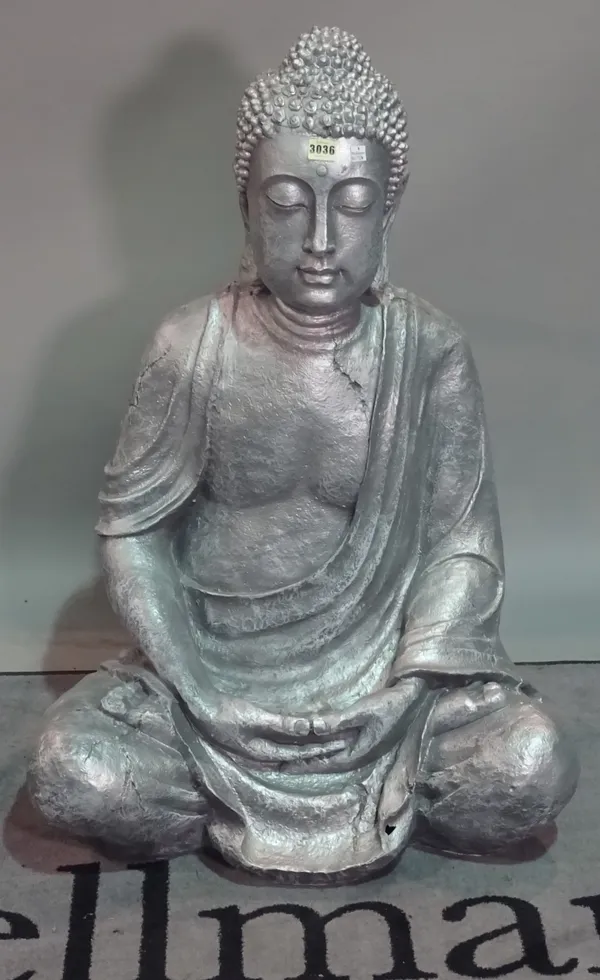 A modern silver painted fibre glass figure of Buddha, 65cm wide x 100cm high.