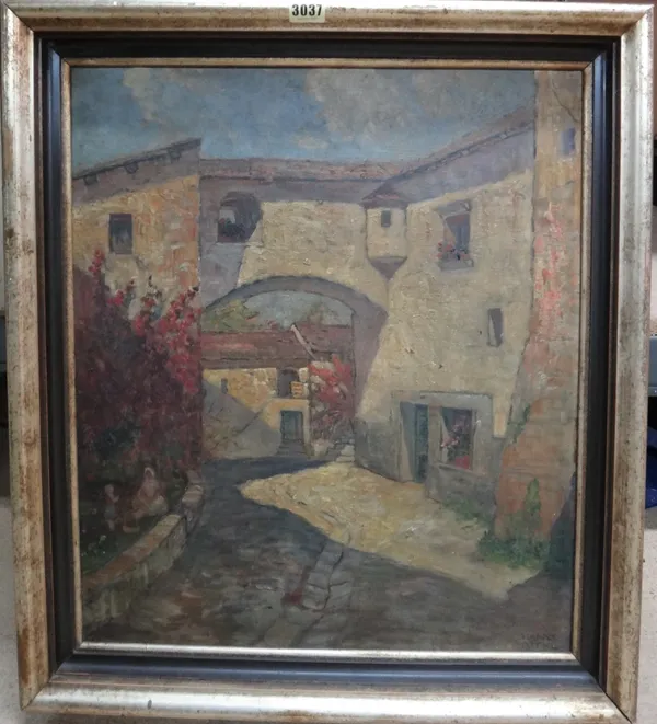 Hanns Diehl (1877-1946), Courtyard scene, oil on board, signed, 56cm x 48cm.