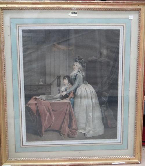 After Louis-Léopold  Boilly, 'L Optique' a woman standing by a boy sat at a table looking through a viewer, engraving by F Cazenave, 56cm x 47cm.