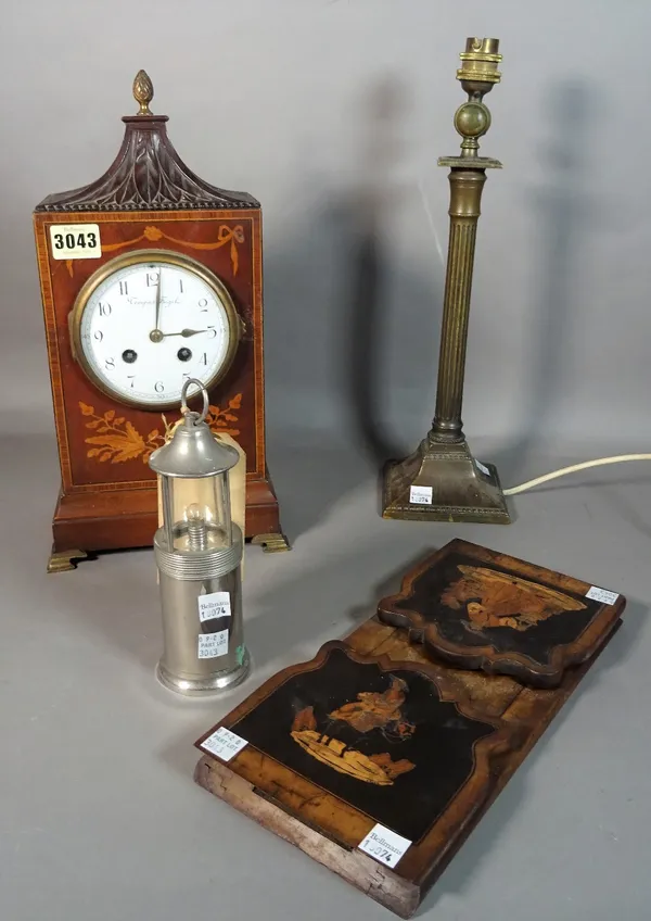 'Tempus fugit', an early 20th century inlaid mahogany mantel clock, 19cm wide x 35cm high, a late Victorian brass table lamp, 38cm high, a 19th centur