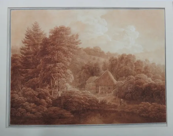 German School (c.1800), A cottage in a wooded landscape, sepia watercolour, unframed, 38cm x 51.5cm.