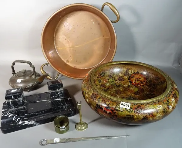 Metalware and collectables; including a modern cloisonne bowl, 39cm wide, a modern Chinese bronze teapot, 9cm high, a modern black marble inkwell stan