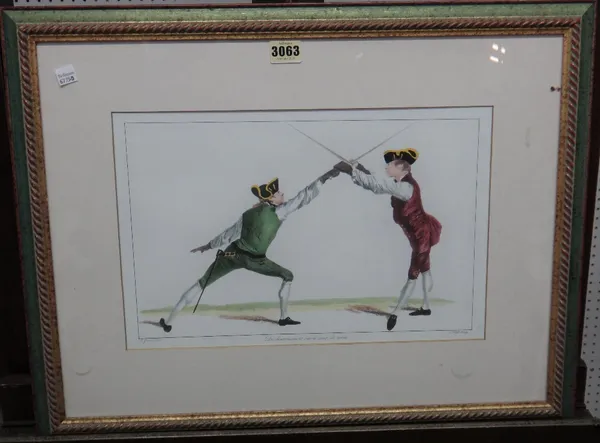 After J. Givin, Fencing scenes, a pair of engravings (restrikes) with hand colouring, each 25cm x 38cm.(2)