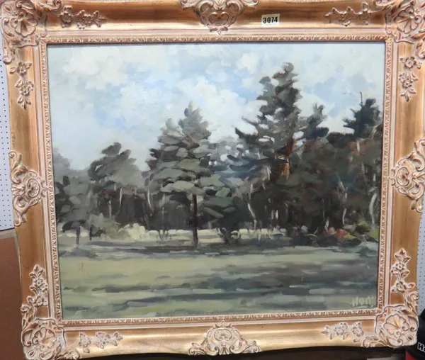 Peter Hogg (20th century), Wooded landscape, oil on board, signed, 49cm x 59cm.; together with two further 20th century oil landscapes by other hands(