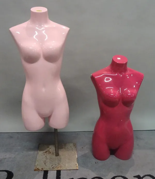 A modern pink mannequin torso on chrome base, 102cm high, and another lacking base, 78cm high, (2).