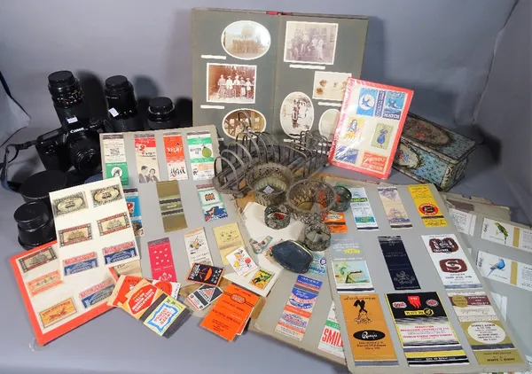 Collectables including a quantity of old matchbox labels, a group of 20th century camera lenses, silver and plated wares and sundry, (qty).