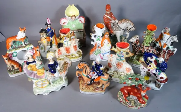 Ceramics, a group of thirteen various Staffordshire figures, the largest 26cm high, (13).