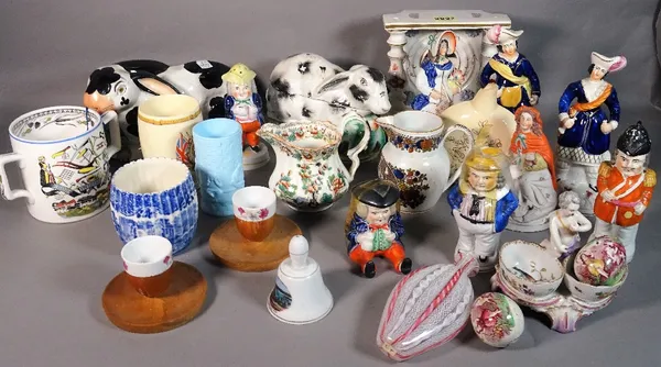 Ceramics including; two Staffordshire rabbits, 24cm wide, a pocket watch stand, Staffordshire figures, jugs and sundry, (qty).