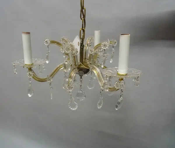 A Victorian style glass six branch hanging chandelier, 45cm wide x 41cm high, and a matching smaller pair, 35cm wide x 18cm high, (3) (a.f.).